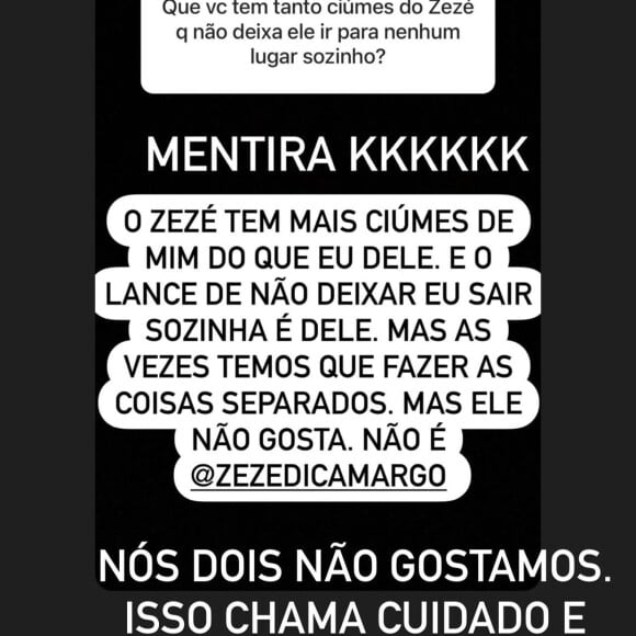 Zezé Di Camargo, no entanto, afirmou que ele e Graciele Lacerda não gostam de sair separados