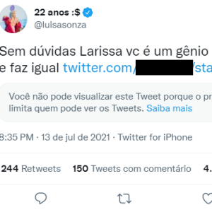 Luísa Sonza responde seguidor que fez comentário sobre sua bunda e internauta tranca tweets