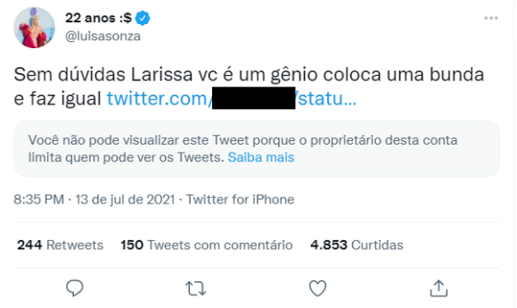 Luísa Sonza responde seguidor que fez comentário sobre sua bunda e internauta tranca tweets