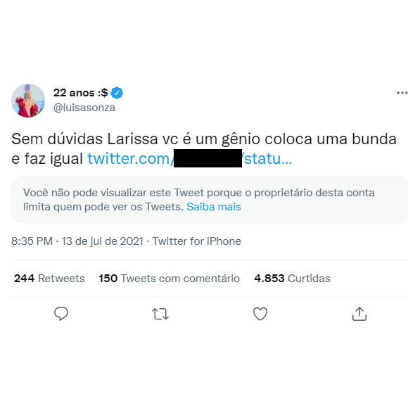 Luísa Sonza responde seguidor que fez comentário sobre sua bunda e internauta tranca tweets