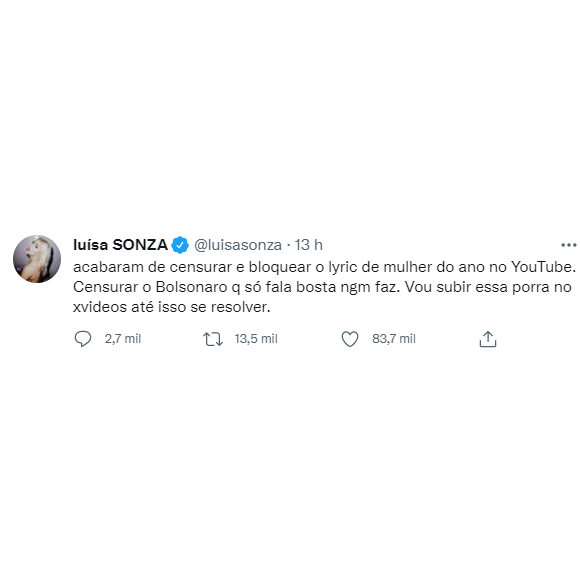 Luísa Sonza se irrita com censura no YouTube e posta lyric vídeo em site de sexo