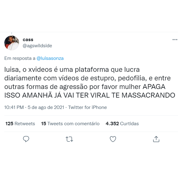 Luísa recebeu críticas de seguidores por postar vídeo em site de sexo