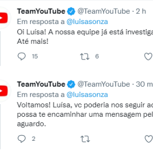 A conta oficial do YouTube respondeu à reclamação de Luísa Sonza