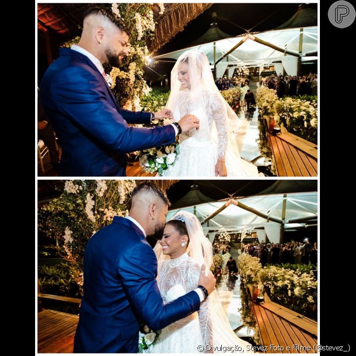 Viviane Araújo ganhou beijo do noivo, Guilherme Militão, ao chegar no altar do casamento