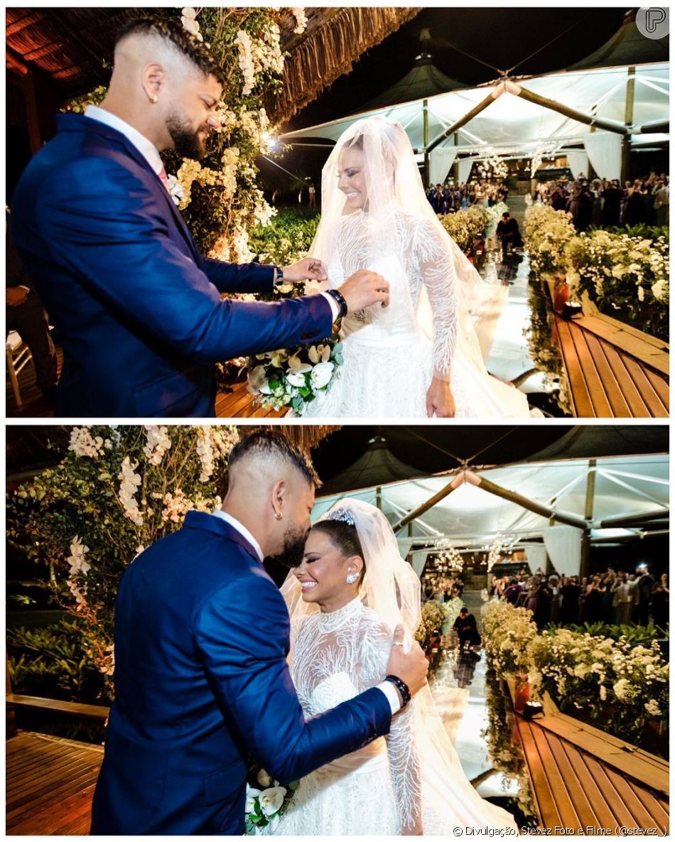 Viviane Araújo ganhou beijo do noivo, Guilherme Militão, ao chegar no altar do casamento