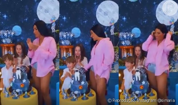 Moda de Simaria: short jeans e blusa oversized de alfaiataria são aposta da cantora em aniversário de 6 anos do filho
