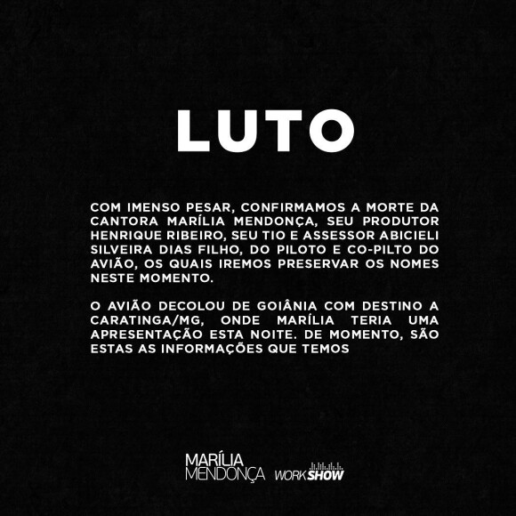 Assessoria de Marília Mendonça confirmou a morte da cantora nas redes sociais