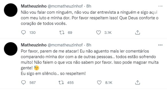 Matheuzinho usou o Twitter para fazer apelo aos fãs de Marília Mendonça