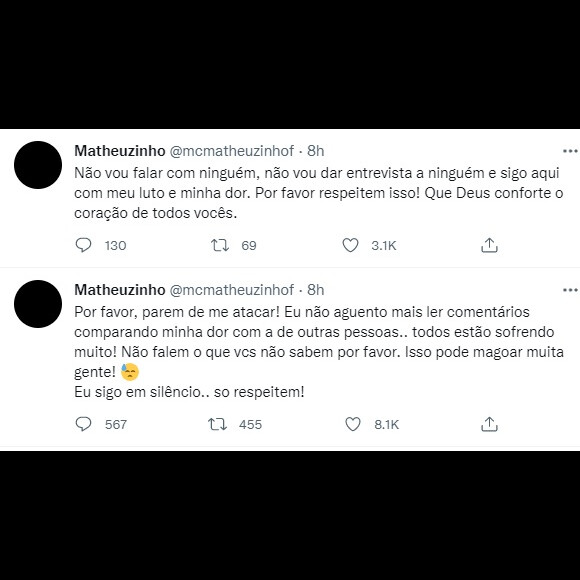 Matheuzinho usou o Twitter para fazer apelo aos fãs de Marília Mendonça