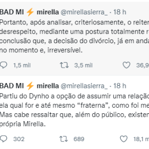 Mirella fez desabafo no Twitter e, em seguida, anunciou divórcio com Dynho