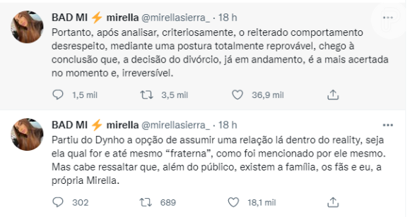 Mirella fez desabafo no Twitter e, em seguida, anunciou divórcio com Dynho