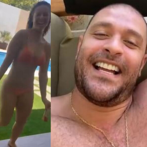 Diogo Nogueira filmou a namorada, Paolla Oliveira, de biquíni ao sair da piscina em um domingo de sol