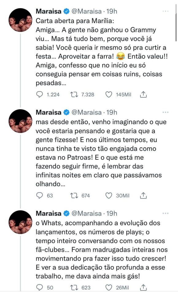 Maraisa divulga carta aberta e revela dificuldades após partida de Marília  Mendonça