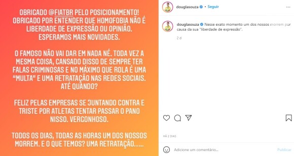 Douglas Souza cobrou atitude de marcas nas redes sociais