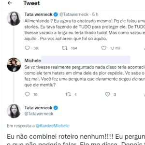 Tatá Werneck esclareceu após ser acusada por Fiuk que não combina roteiros e apenas pergunta aos convidados sobre o que não deve falar