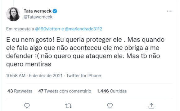 Tatá Werneck fez uma série de tweets se defendendo das acusações de Fiuk, a quem havia defendido por ataques sofridos após participar do 'Lady Night'