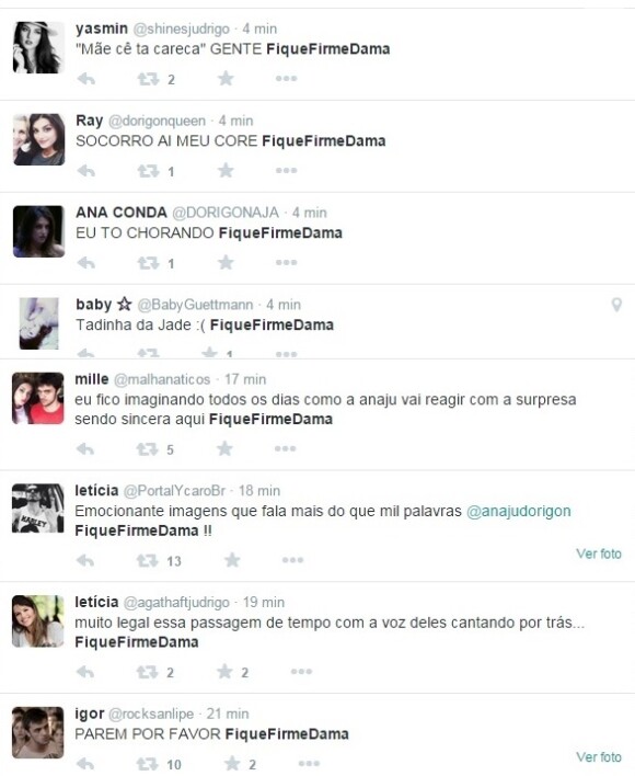 As mensagens do Twitter foram postadas com as palavras 'Fique Firme Dama', citando as personagens Jade e Lucrécia, em 'Malhação Sonhos'
