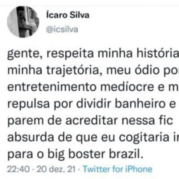 Ícaro Silva falou mal do 'BBB'