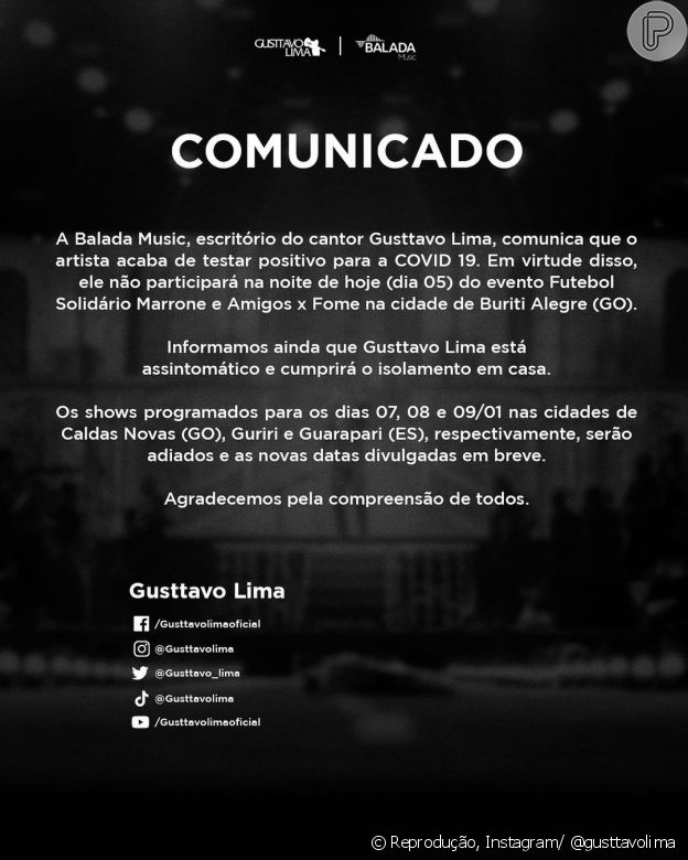 Gusttavo Lima cancela agenda de shows por coronavírus