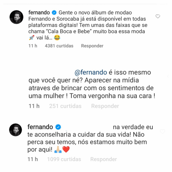 Fernando Zor rebate internauta que criticou sua relação com Maiara