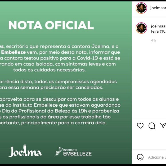 Joelma tranquiliza fãs através de comunicado sobre covid-19