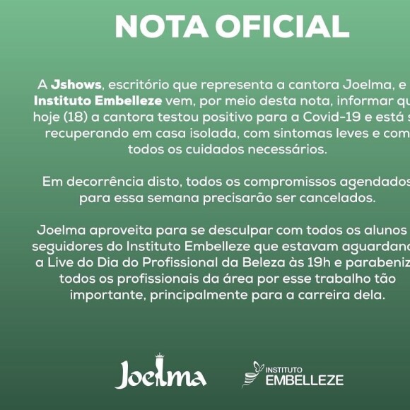 Joelma tranquilizou os fãs pelo comunicado nas redes sociais