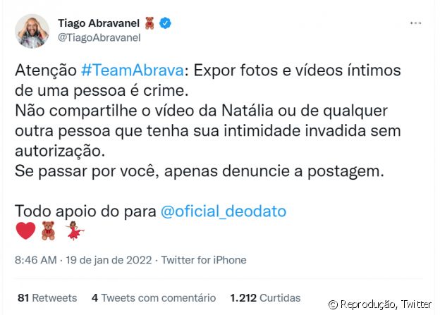 Equipe de Tiago Abravanel repudia vazamento de vídeo íntimo de Natália