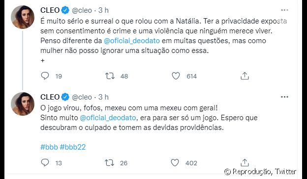 Cleo saiu em defesa de Natália do 'BBB 22' após repercussão do vídeo íntimo vazado