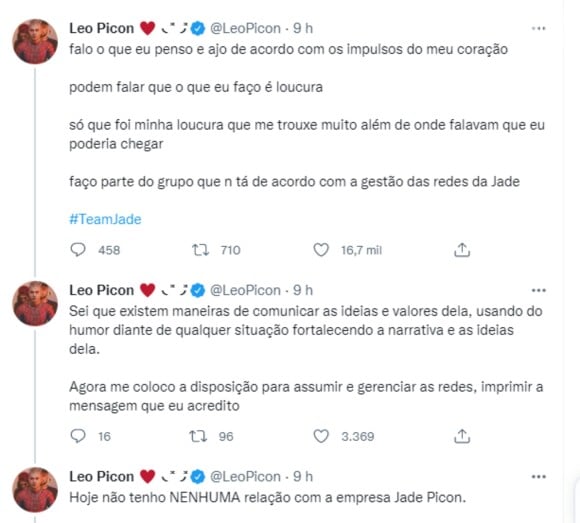 Leo Picon fez longo desabafo sobre a situação no Twitter, após a polêmica com a equipe de Jade durante o 'BBB 22'