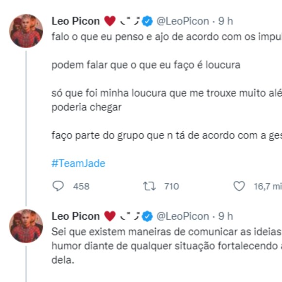 Leo Picon fez longo desabafo sobre a situação no Twitter, após a polêmica com a equipe de Jade durante o 'BBB 22'