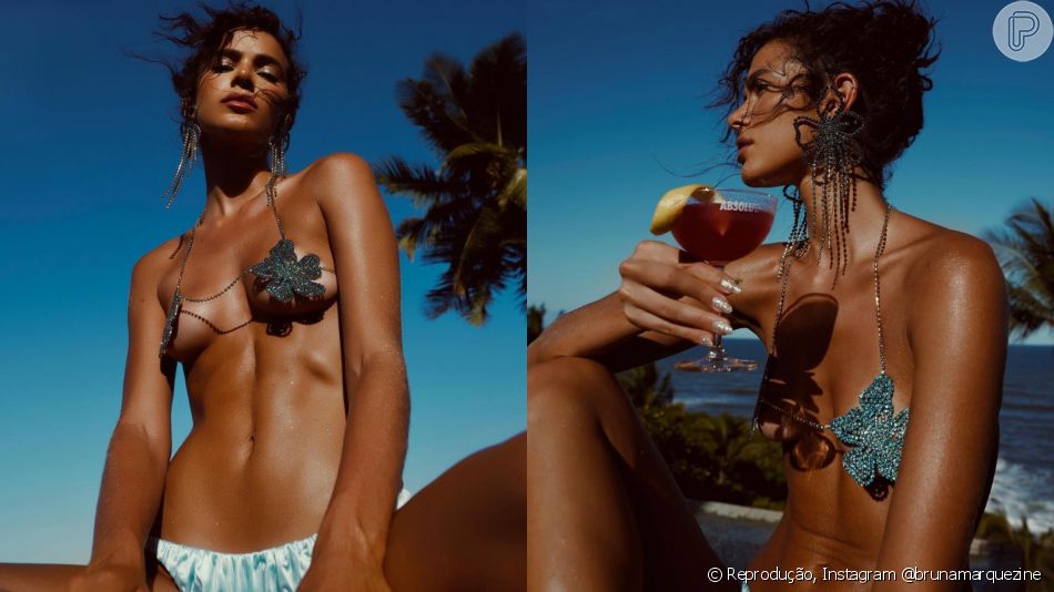 Moda praia glam! Bruna Marquezine usa biquíni de strass e valoriza corpo bronzeado