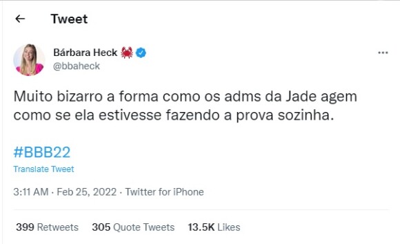 BBB 22: Bárbara apontou que a equipe de Jade Picon teria ignorado a presença de Laís na prova do líder