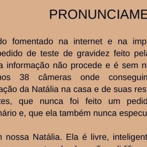 Pronunciamento da equipe de Natália após polêmica de gravidez no 'BBB 22'