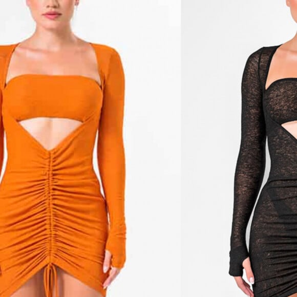 Vestido usado pela atriz Paolla Oliveira está disponível nas cores laranja e preta