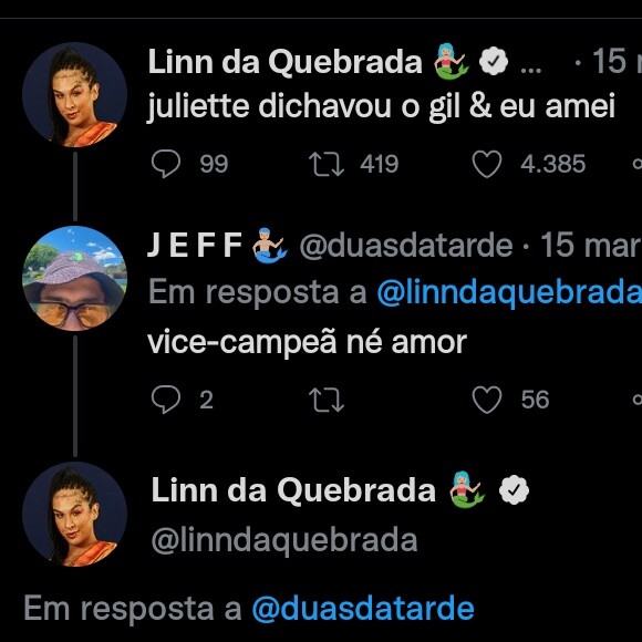 Linn da Quebrada chegou a se referir a Juliette como 'campeã'