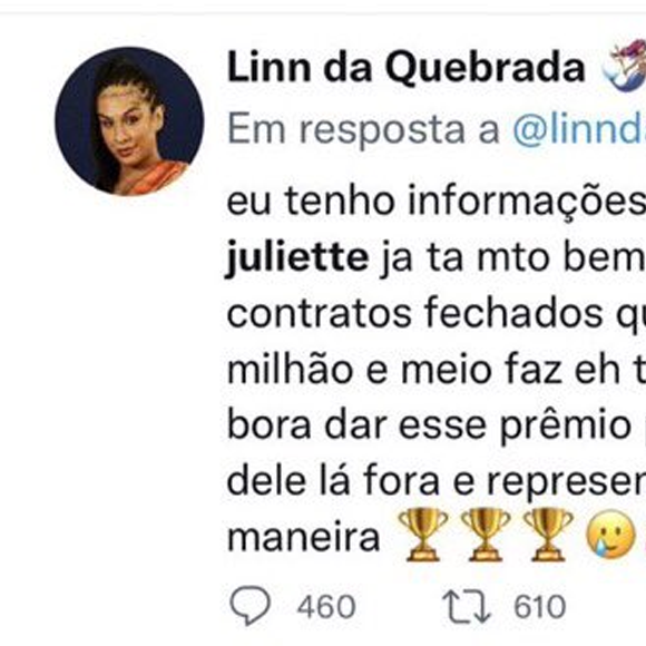 Linn da Quebrada chegou a apresentar argumentos com supostas 'informações quentíssimas' sobre Juliette para defender a vitória de Gil do Vigor 