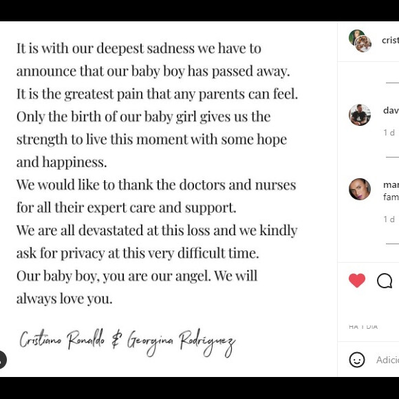 Filho de Cristiano Ronaldo e Georgina Rodríguez faleceu no momento do parto
