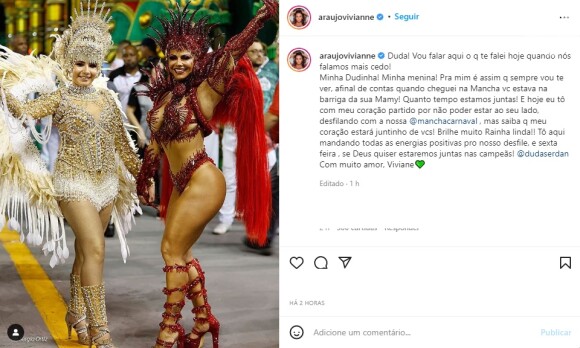 Nas redes sociais, Viviane Araujo publicou uma homenagem à Duda Serda, a eleita para ocupar seu cargo à frente da bateria