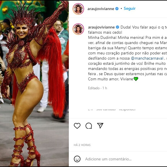 Nas redes sociais, Viviane Araujo publicou uma homenagem à Duda Serda, a eleita para ocupar seu cargo à frente da bateria