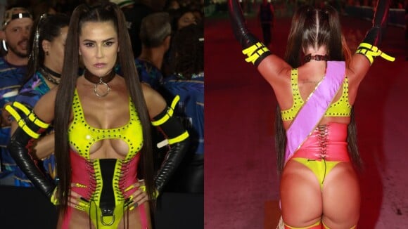 Deborah Secco curte Carnaval na Sapucaí com look cavado de látex e chicote