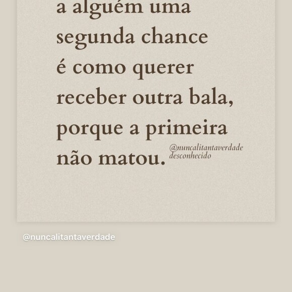 Yasmin Brunet: 'Às vezes, dar uma segunda chance é como querer receber outra bala porque a primeira não matou', diz publicação compartilhada pela modelo