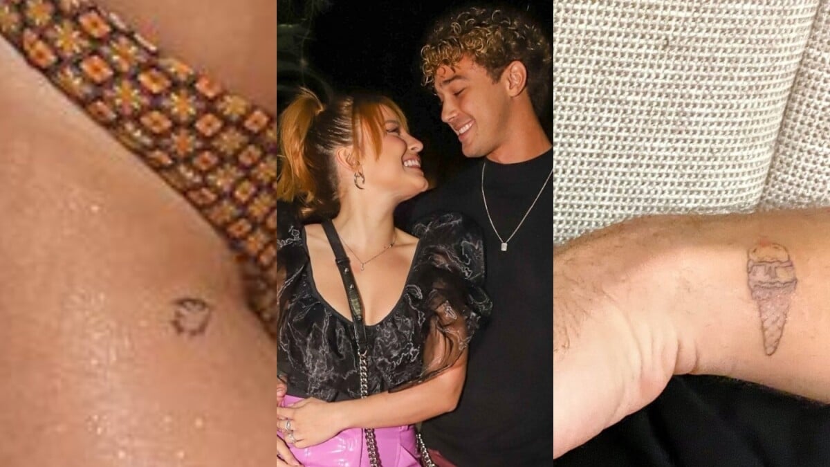 Foto: Larissa Manoela tatuou um peixinho perto da virilha em homenagem ao  namorado e André Luiz Frambach tatuou um sorvete, apelido carinhoso dado à  namorada - Purepeople