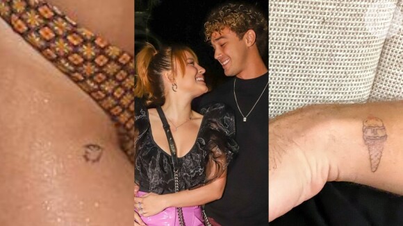 Larissa Manoela tatuou um peixinho perto da virilha em homenagem ao namorado e André Luiz Frambach tatuou um sorvete, apelido carinhoso dado à namorada