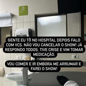 Mirella publicou uma foto no hospital minutos depois: 'Tive crise e vim tomar medicação'