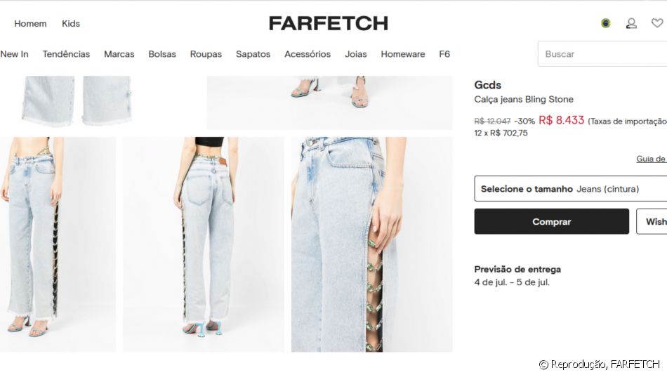 Calça de Bruna Marquezine pode ser adquirida, com descontos, por R$ 8.433 no site da FARFETCH, que permite parcelamento em 12 vezes sem juros