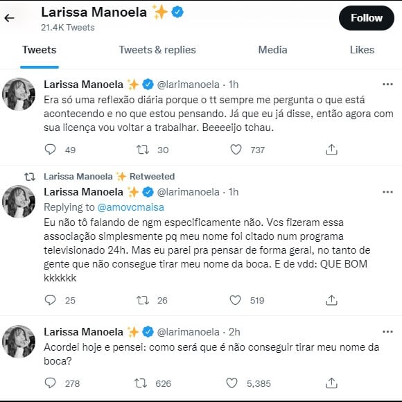 Larissa Manoela disse que não quis falar de ninguém especificamente no post