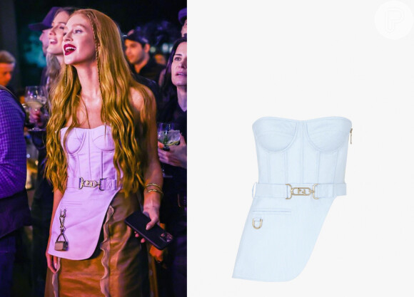 O corset usado por Marina Ruy Barbosa tem design assimétrico: o Top Light blue pinstripe cotton bustier custa pouco mais de R$ 10 mil