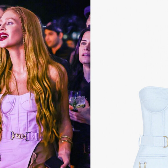 O corset usado por Marina Ruy Barbosa tem design assimétrico: o Top Light blue pinstripe cotton bustier custa pouco mais de R$ 10 mil