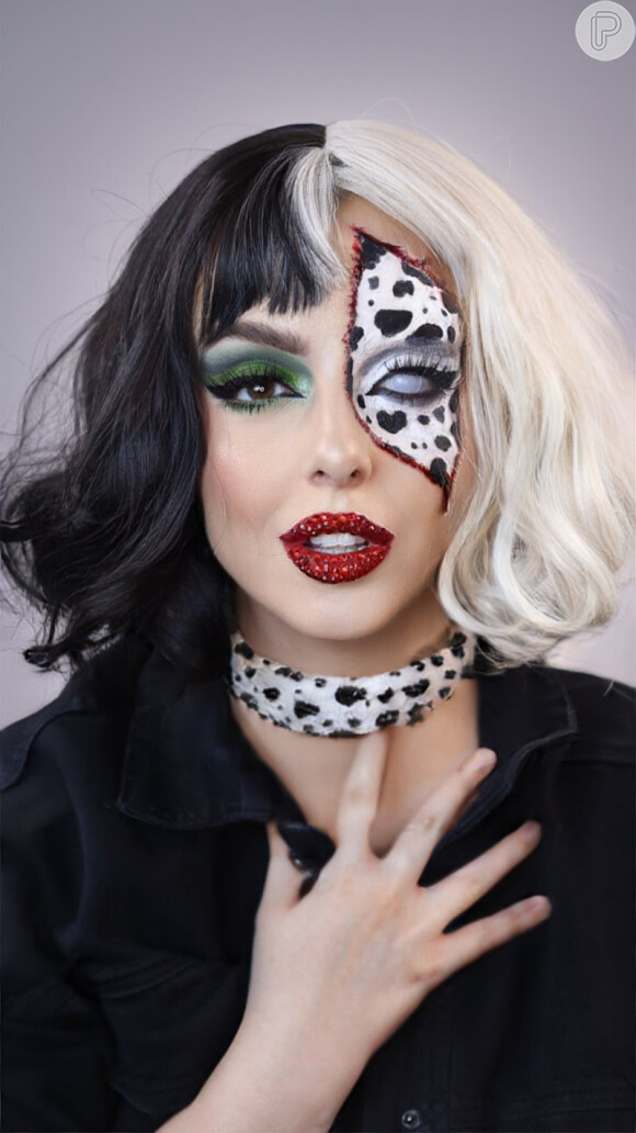 Maquiagem inspirada em Cruella para usar no Halloween: elementos com referência aos dálmatas surgiram no visual criado por Juliana Motta