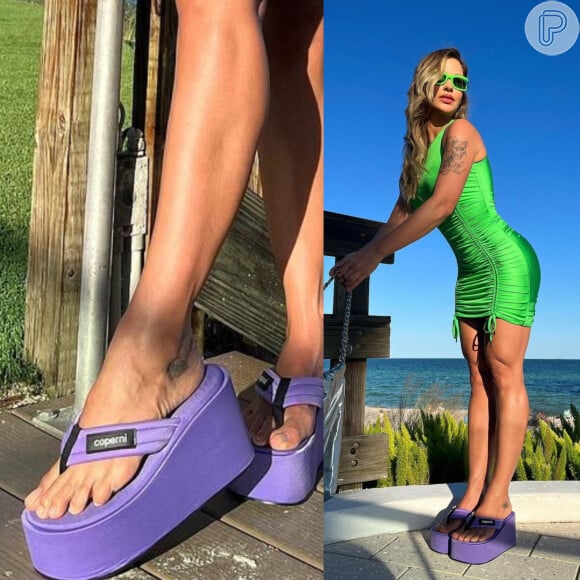 Sandália usada por Andressa Suita com look verde é um tamanco lilás